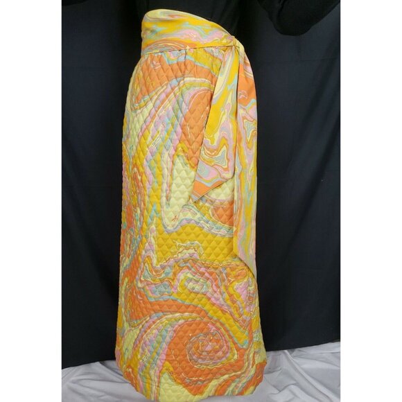 70s Bold Orange Oil Slick Quilted Maxi Skirt Sz 10 Park East by Swirl Mod Op Art - Picture 3 of 15